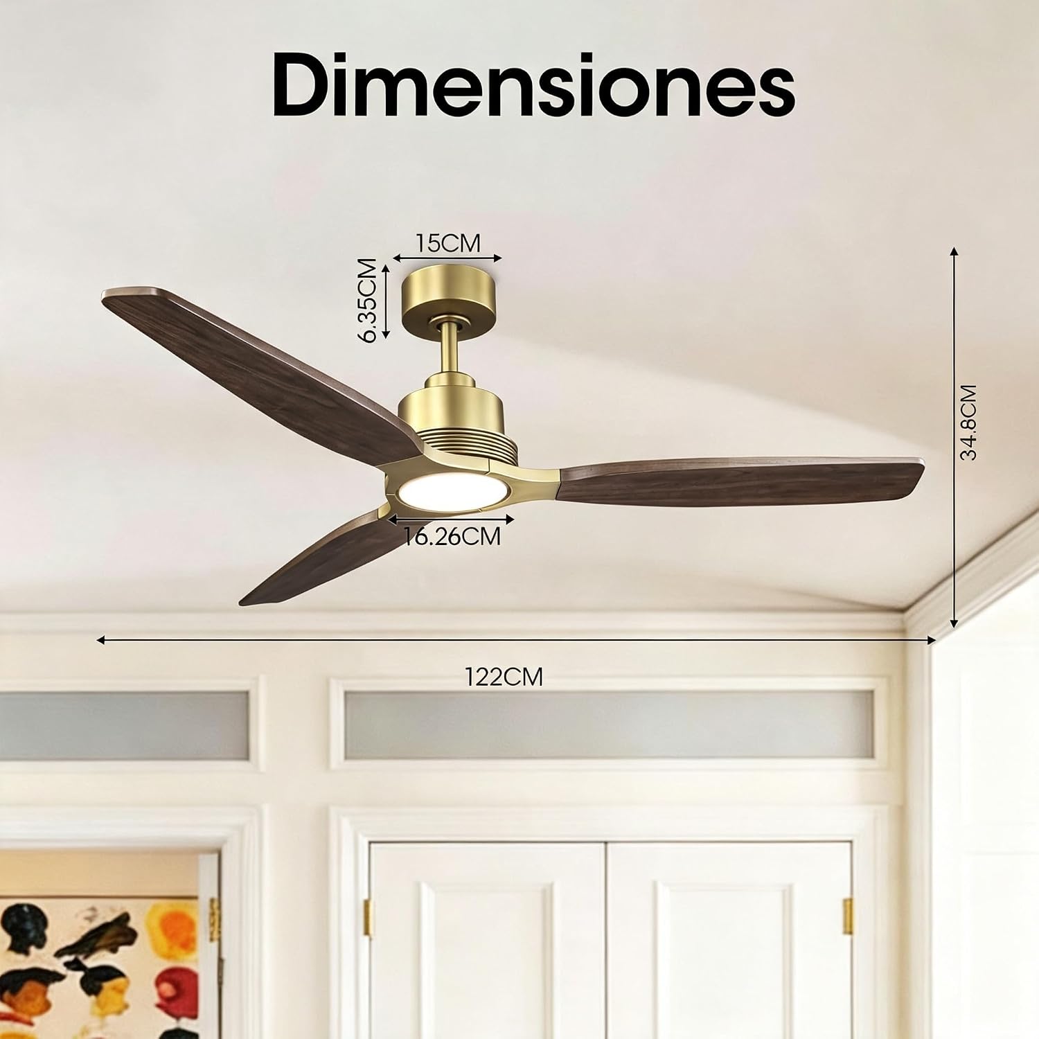 Ceiling fan dimensions: 122cm width, 33.3cm height