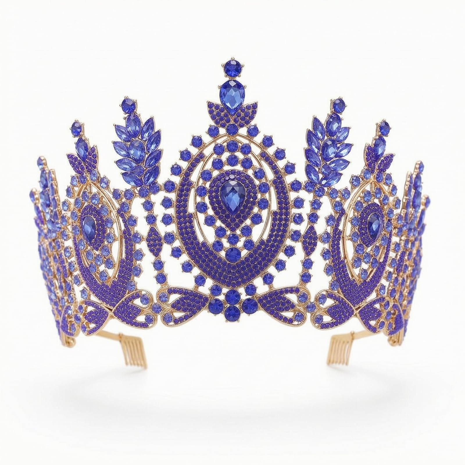 Corona Novia Brillant Ornamental Llamativa Adorno Cabello para Quinceañeras, KC Oro + Diamantes Azul Real Completos + Peine