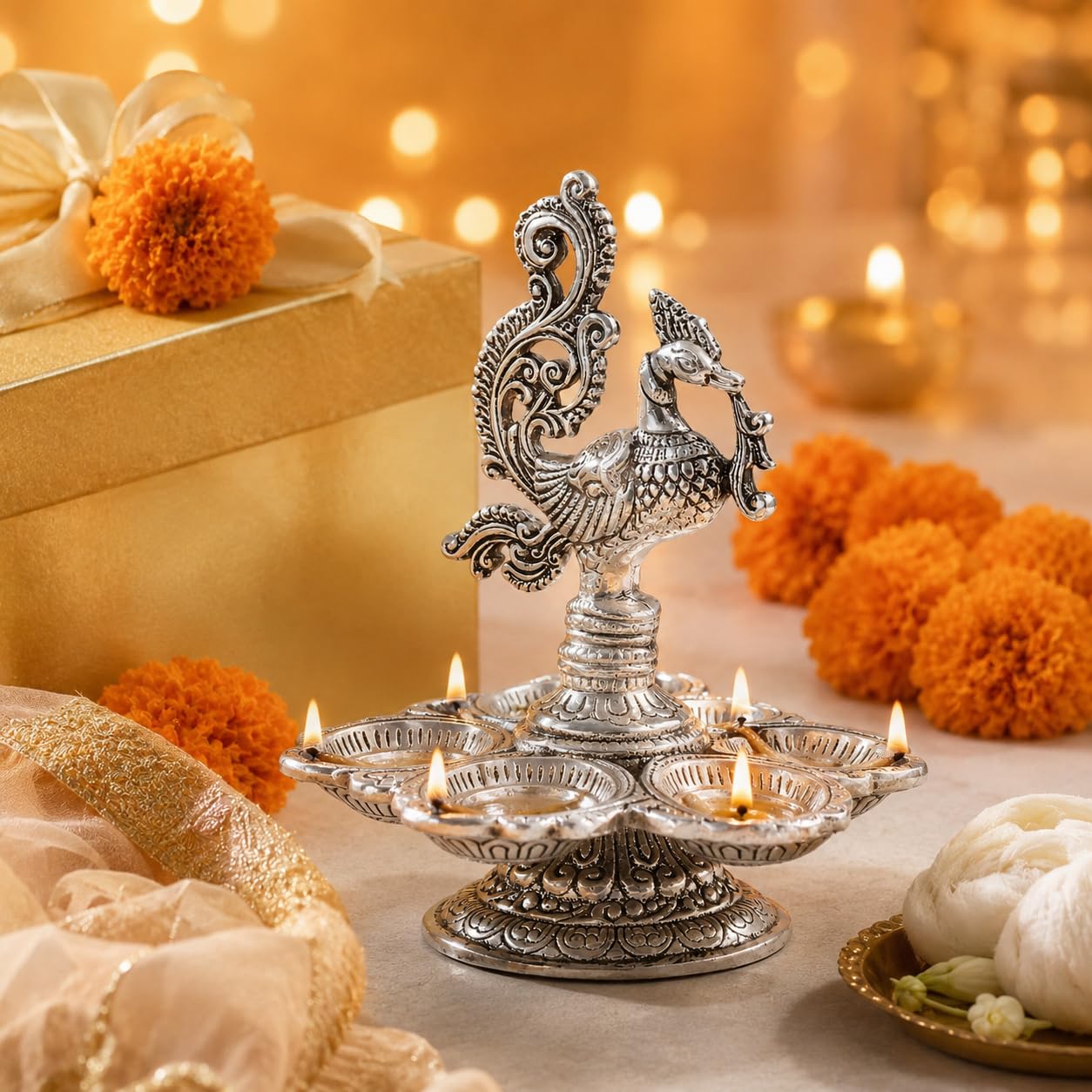 Dreamkraft Metal Decorative Silver Peacock Oil Lamp, 5-Diya Traditional Pooja Diya, 13 cm Height, 160 GM-image-20