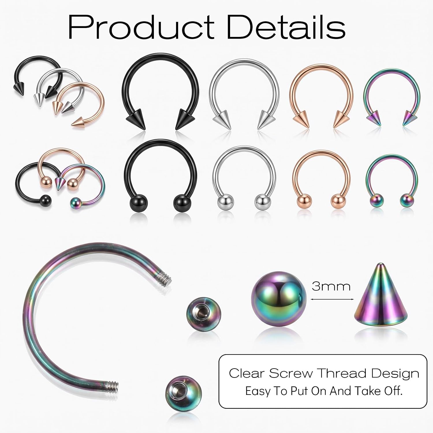 SynHHergyx 32 Pcs Horseshoe Nose Septum Rings 18G Septum Ring Nose Rings