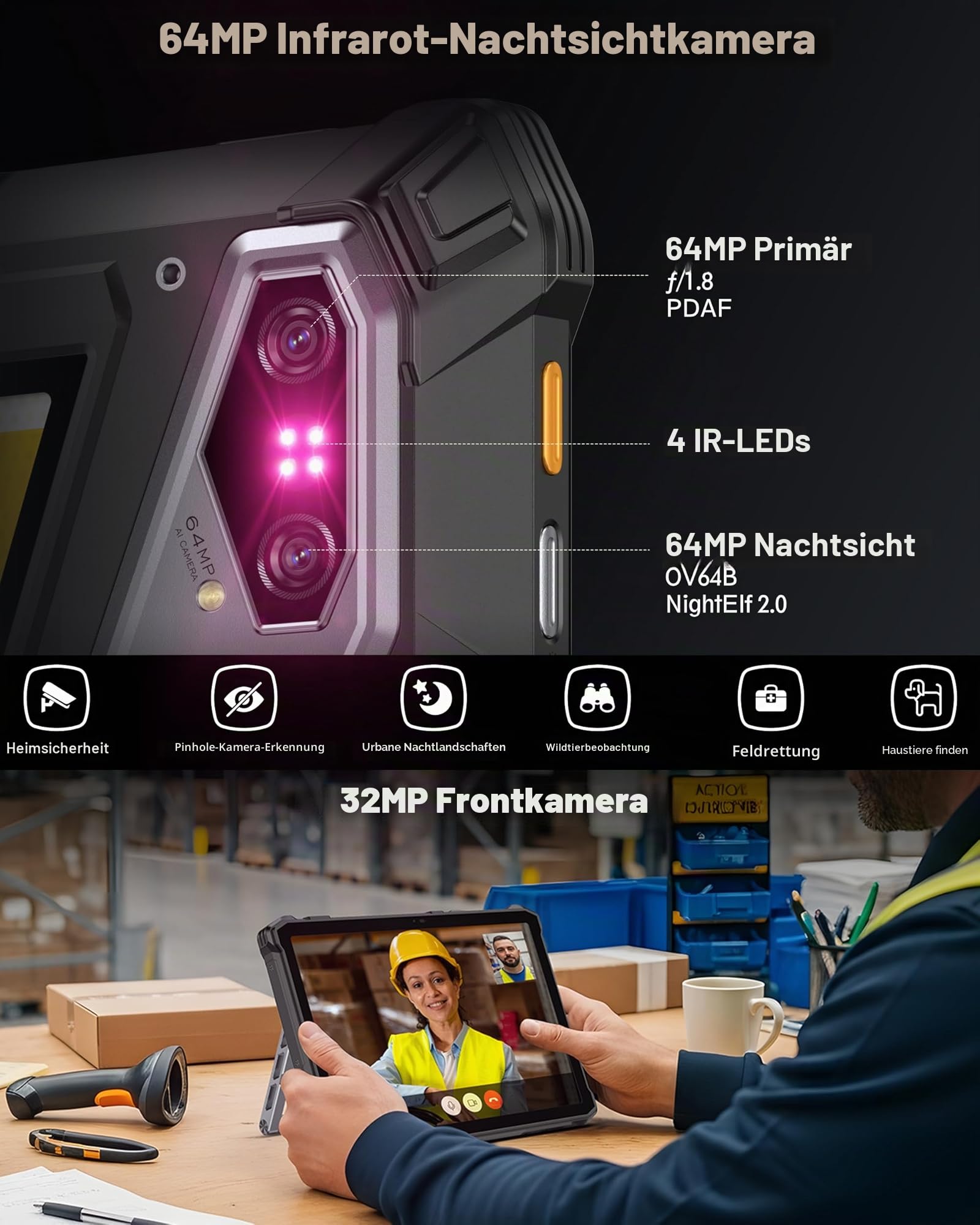 Ulefone Armor Pad 5 Pro 5G Outdoor Tablet 5G Mit 24200mAh Akku, Android 15, Dimensity 7400X, 32GB+512GB Robustes Tablet 11 Zoll FHD+ 1000 Lumen LED, 64MP Nachtsicht, IP68 Wasserdicht Stoßfest, NFC/GPS