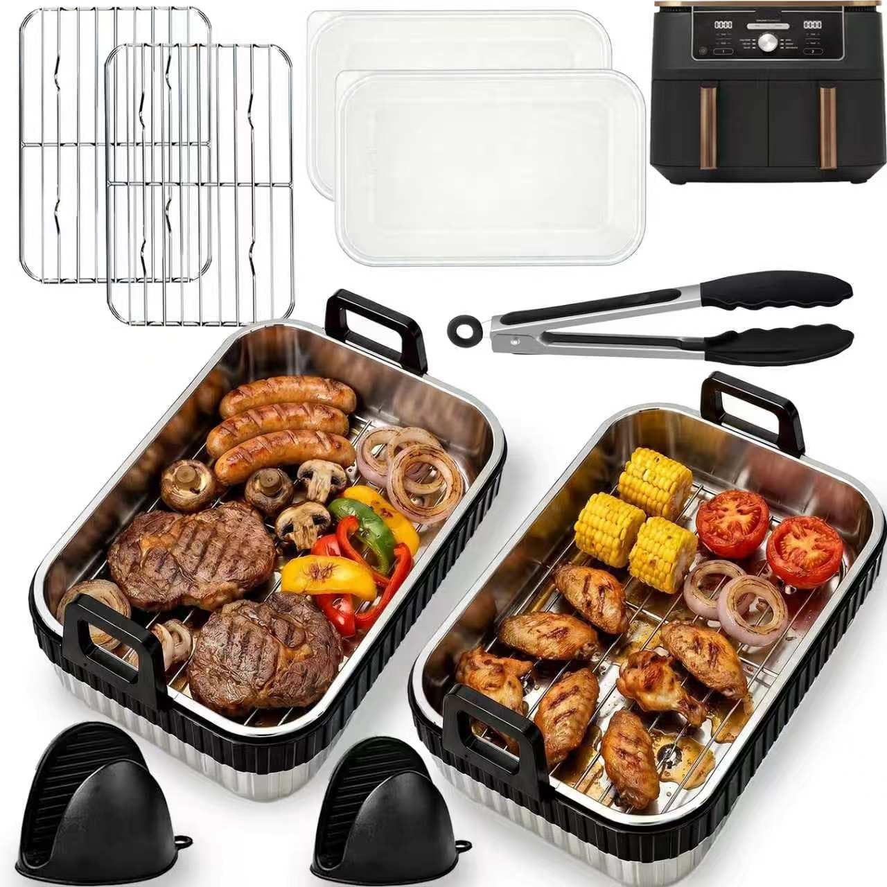 11-Pcs Air Fryer Stainless Steel Baking Trays Set,Baking Tray with Rack for NINJA Dual Zone Air Fryer AF400UK/DZ400UK,SL400UK,KEPLIN,EMtronics,Removable Silicone Ring Air fryer accessories Dishwasher