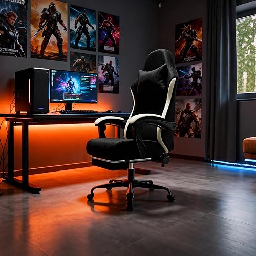Miniatura 10 de Silla ergonómica para videojuegos, silla de videojuegos con soporte lumbar de masaje y reposapiés, silla de computadora de tela ajustable en altura