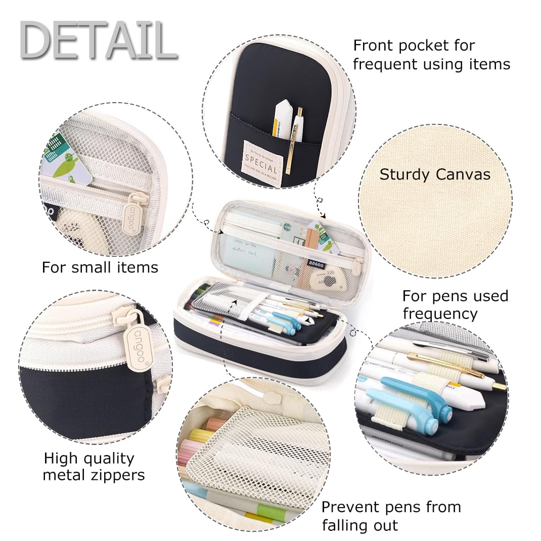 Large Capacity Pencil Case Durable Office College School Pen Holder Organizer Stationery Makeup Bag Pouch Box for Girls Adults 22x11cm (Black) - Image 4