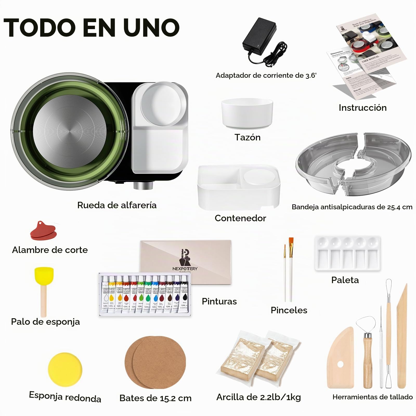 Torno Ceramica Eléctrico para Principiantes y Profesionales – Kit de Ceramica Completo para Casa con 1kg de Arcilla, 0-200 RPM Máquina de Alfarería para Proyectos DIY, Verde claro