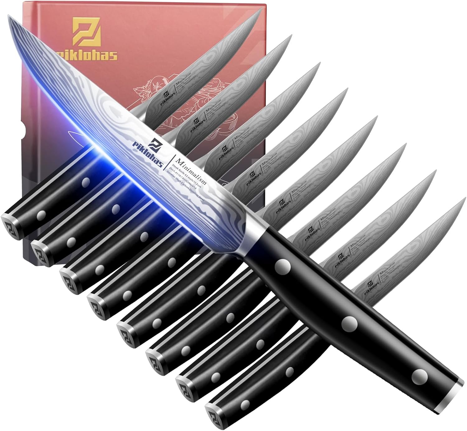 Steak Knives Set of 8, 4.5 Inch Non Serrated Dinner Knife, Forged German Steel Damascus Pattern Straight Edge Meat Knife with Full Tang Handle, Dishwasher Safe, Ideal for Gift