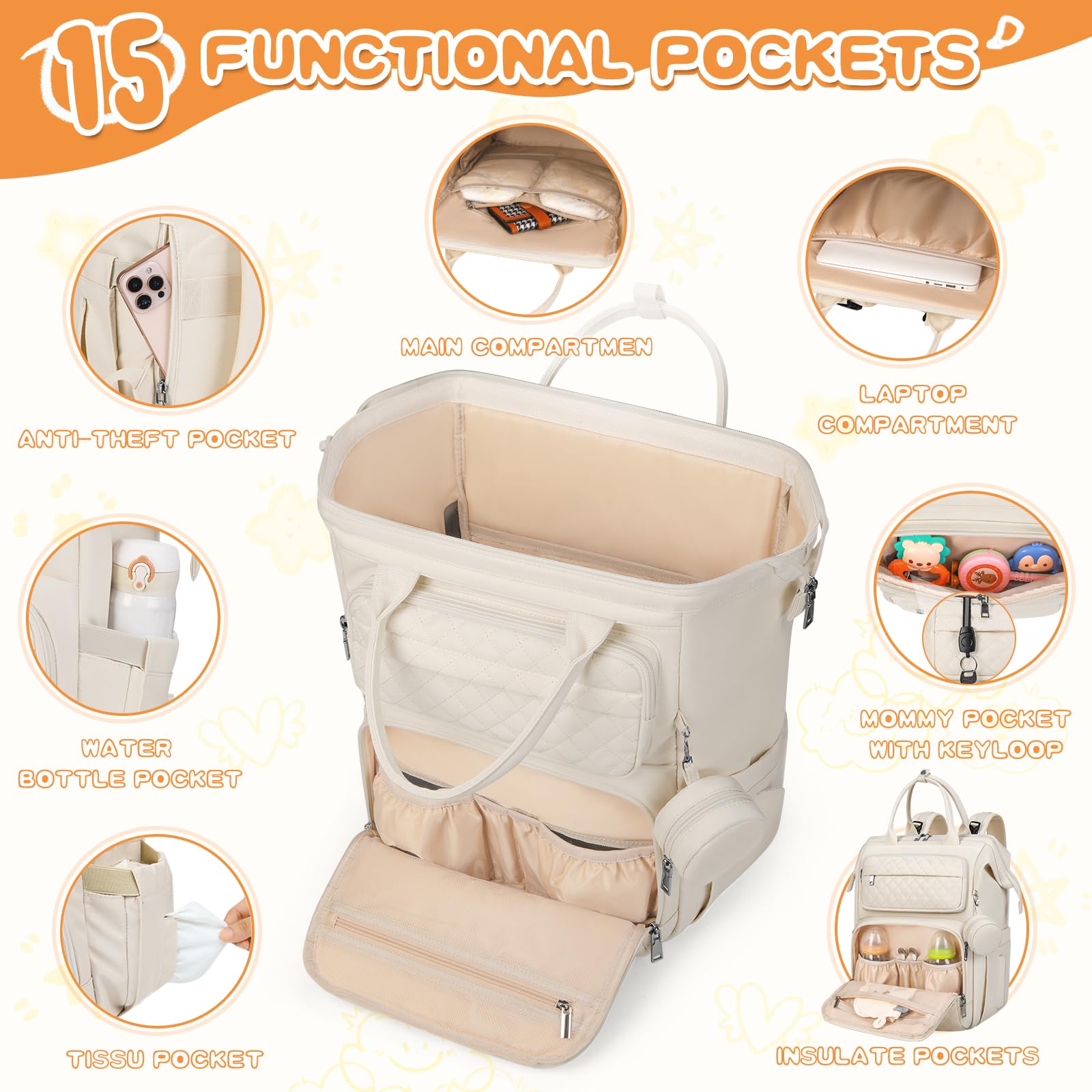 RAINSMORE Baby Wickelrucksack Groß Wickeltasche Rucksack mit Wickelauflage Schnullerhalter Kinderwagengurten Babytasche Diaper Bag Multifunktions für Mama und Papa Aprikose