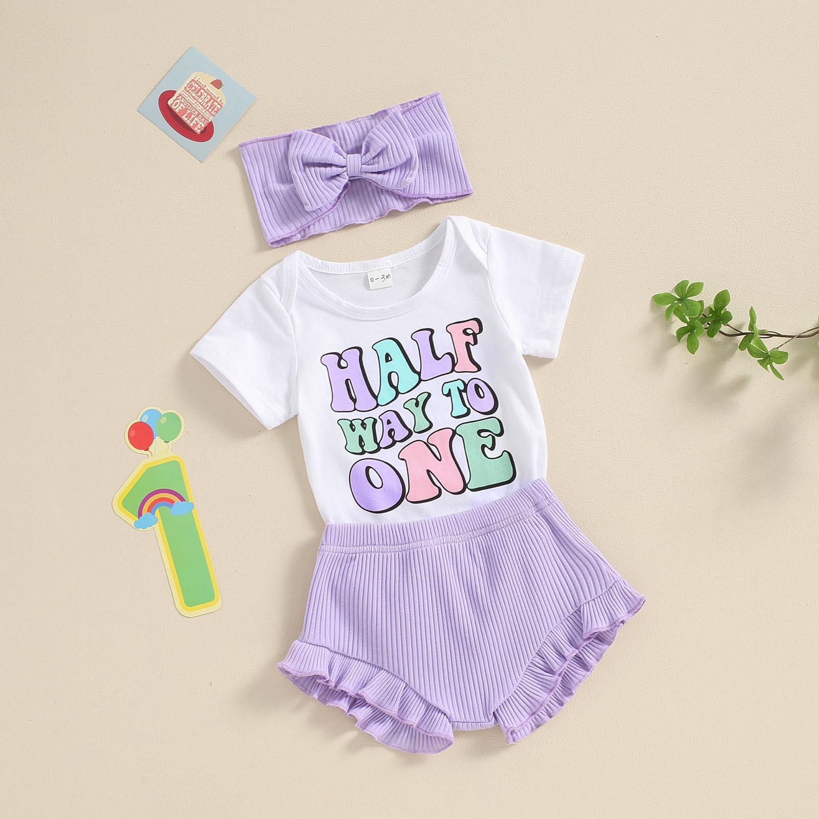 Baby Girl Half Birthday Outfit Half Way to One Short Sleeve Romper Ruffle Shorts Set Infant Summer Clothes Headband (Lavender, 6-12 Months)