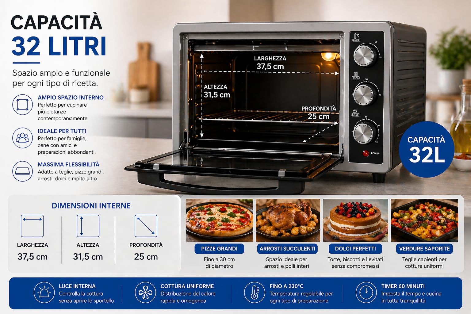 Forno Elettrico Ventilato 32 Litri 6 Funzioni Cottura 90-230°C Doppio Vetro Timer 60 Min