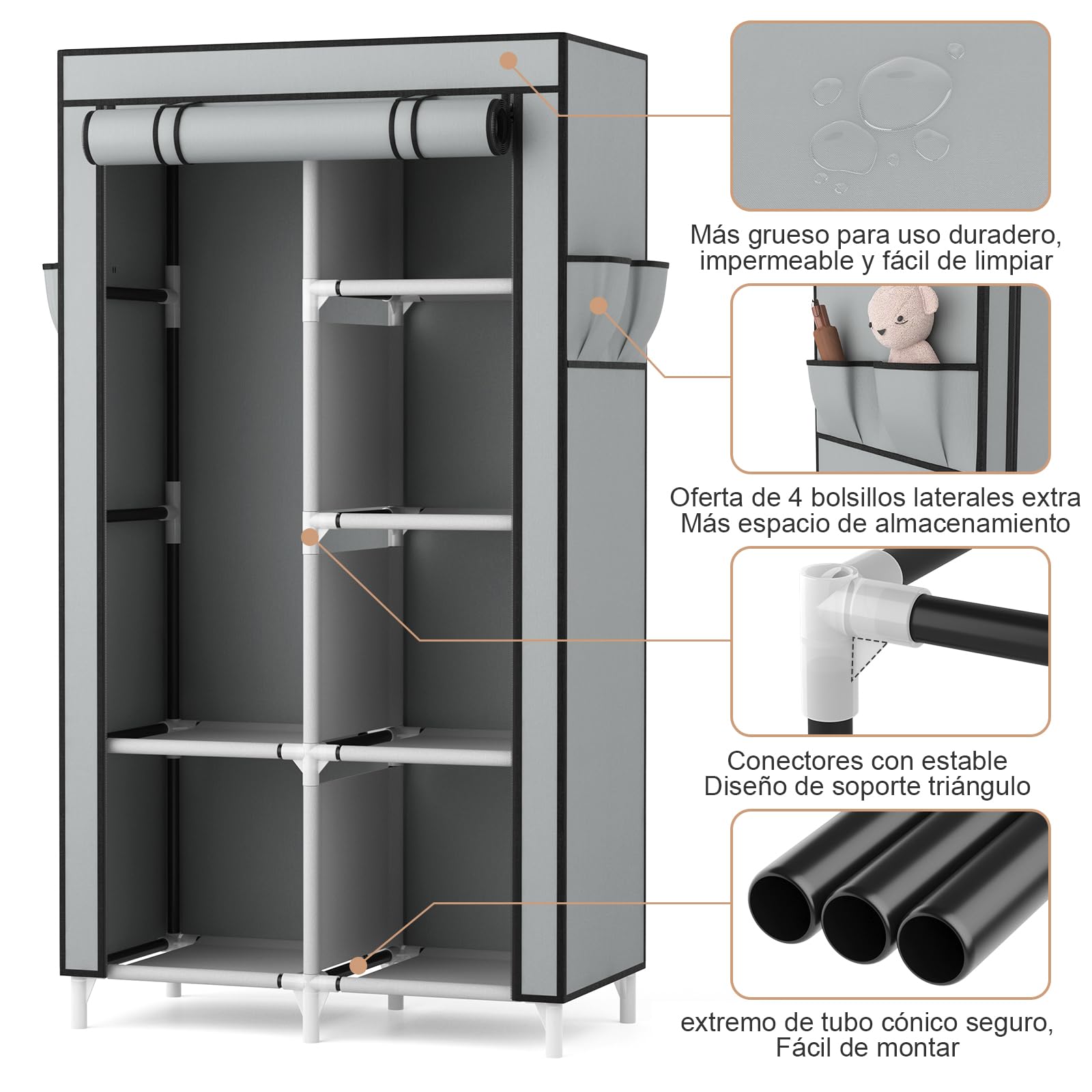 Vicye Armario de Tela, Organizador Armario Ropero Portátil con 1 Barra para Colgar y 6 Estantes para Dormitorio, Vestidor, Salón, Gris, 84 x 42 x 162 cm