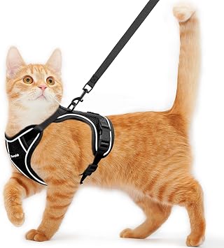 Cat Harness and Leash for Walking Escape Proof Soft Adjustable Cat Leash Breathable Comfortable Vest Easy to Wear Kitten Harness for Outdoor Travel Black, S 7-12lb