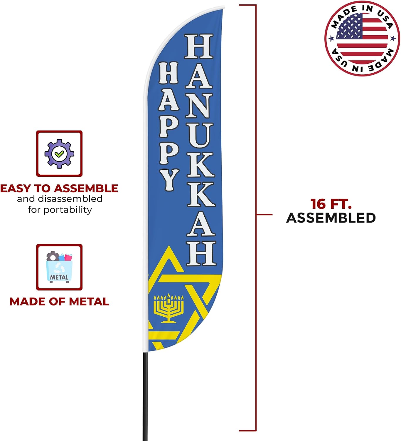 Happy Hanukkah Sign feather flag for Outdoor by Mavis Printing | 11.5 FEET Long Polyester Outdoor Banner Flag for Easy Hang | HD Print Swooper I Flag Only to Promote Church ActivityI Flag Only
