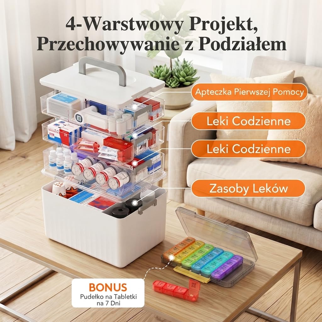 Lifewit Przenośna Apteczka, Pojemnik na Leki z Uchwytem na Butelki o Wysokości do 18 cm, Organizer na Leki do Domu, Biura, Szkoły, 4 Poziomy, Pudełkiem na Leki