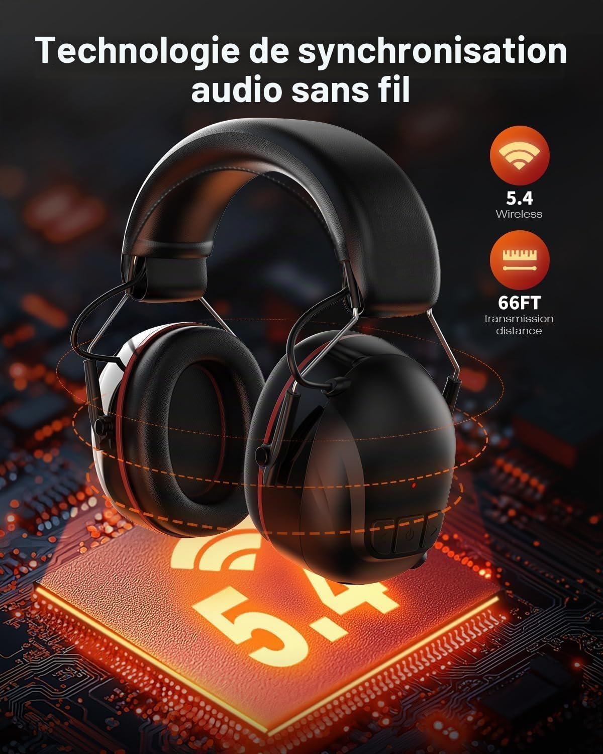 Doohoeek Casque de protection auditive Bluetooth 5.4 avec batterie rechargeable de 1200 mAh, 120 heures d'autonomie, 30 dB SNR, cache-oreilles avec réduction du bruit pour tondre, travail du bois