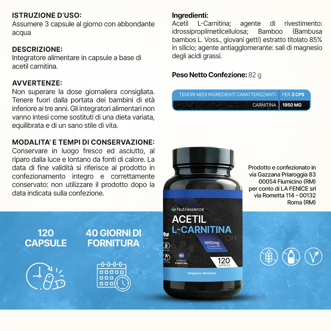 Acetil L-Carnitina 1950 mg Extra Dosaggio | 120 Compresse Maxi Formato fino a 2 Mesi | Integratore Naturale per Energia, Metabolismo,Concentrazione e Forza Mentale |Senza Glutine e Lattosio |