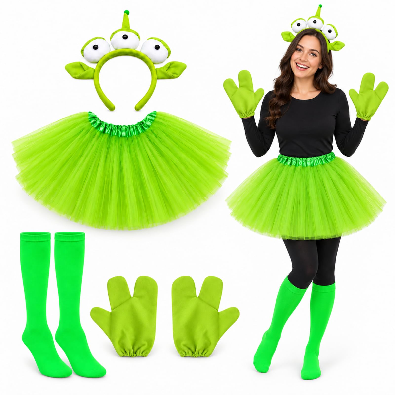 Zqisxze Alien Costume Set, Green Headband Gloves Tutu Skirt Socks, 4 Pieces