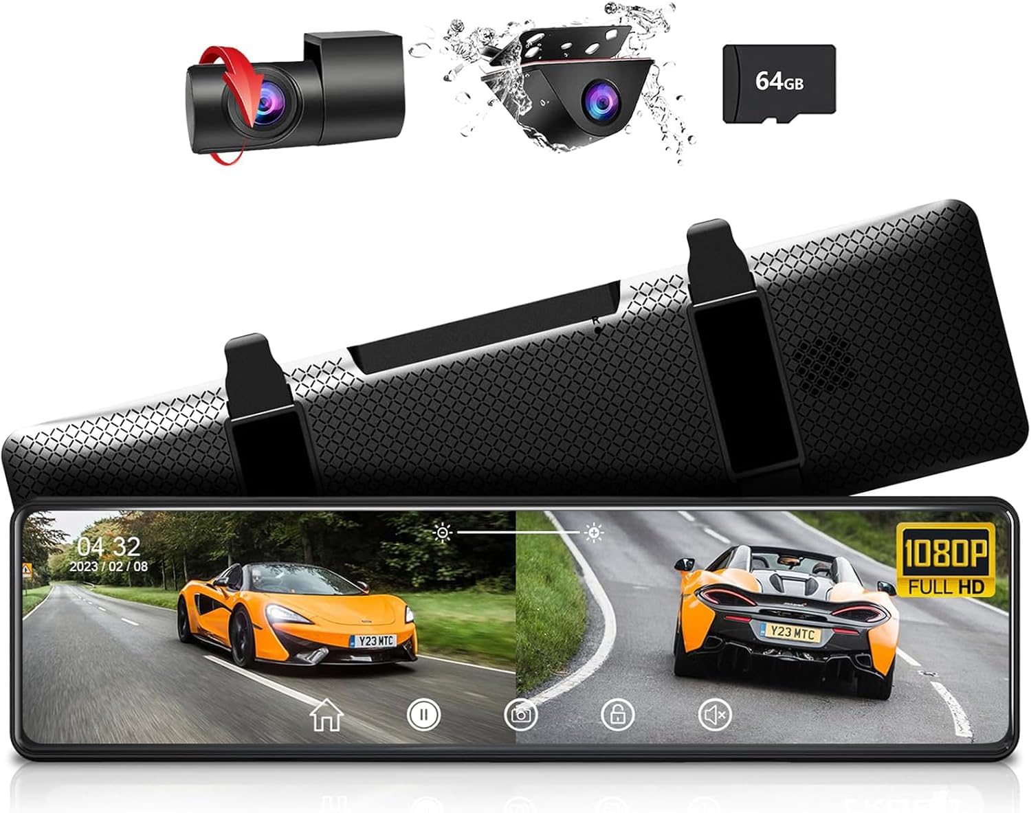 12" Front and Rear Detached Mirror Dash Cam, 1080P FHD Dual Dash Cam for Cars,Touch Mirror, 360° Front Camera,Support Split Screen,Parking Monitor,Reverse Assist,Night Vision,G-Sensor, Free 64GB Card