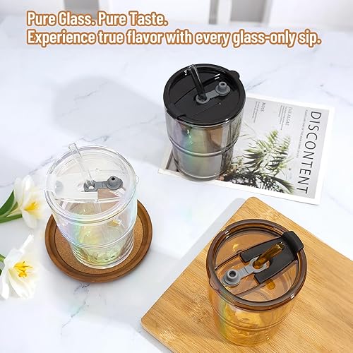 Miniatura 2 de Vaso de vidrio de 13 onzas con popote de vidrio y tapa, a prueba de fugas, reutilizable, a prueba de fugas, para café helado, té, matcha, jugo de