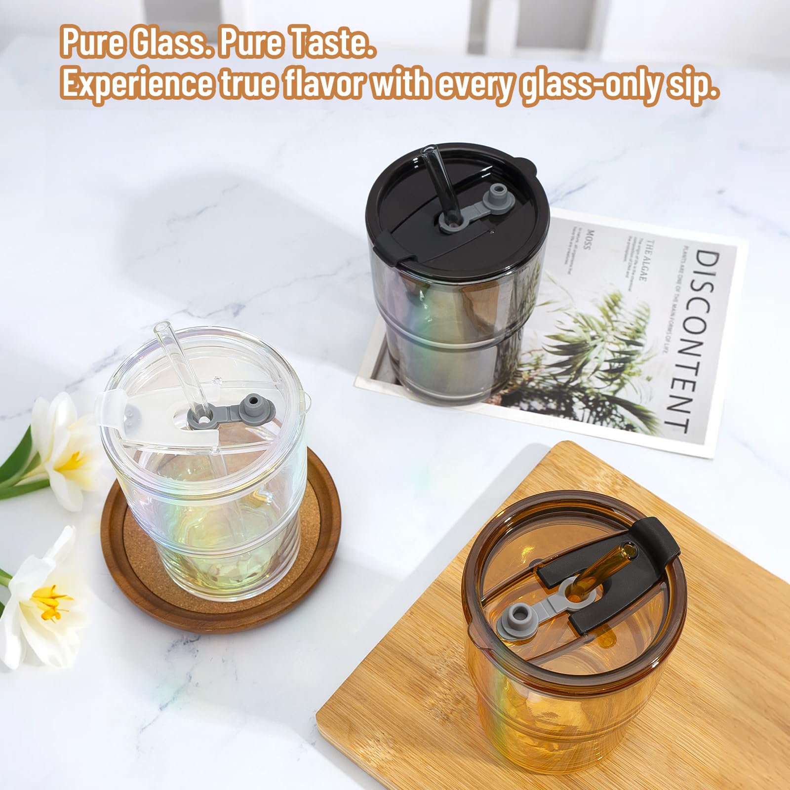 Glasbecher mit Glasstrohhalm und Deckel, auslaufsicherer, wiederverwendbarer Reisebecher für Eiskaffee, Tee, Matcha, Fruchtsaft, dickwandige, klare Wasserflasche (bernsteinfarben, 4 Stück)