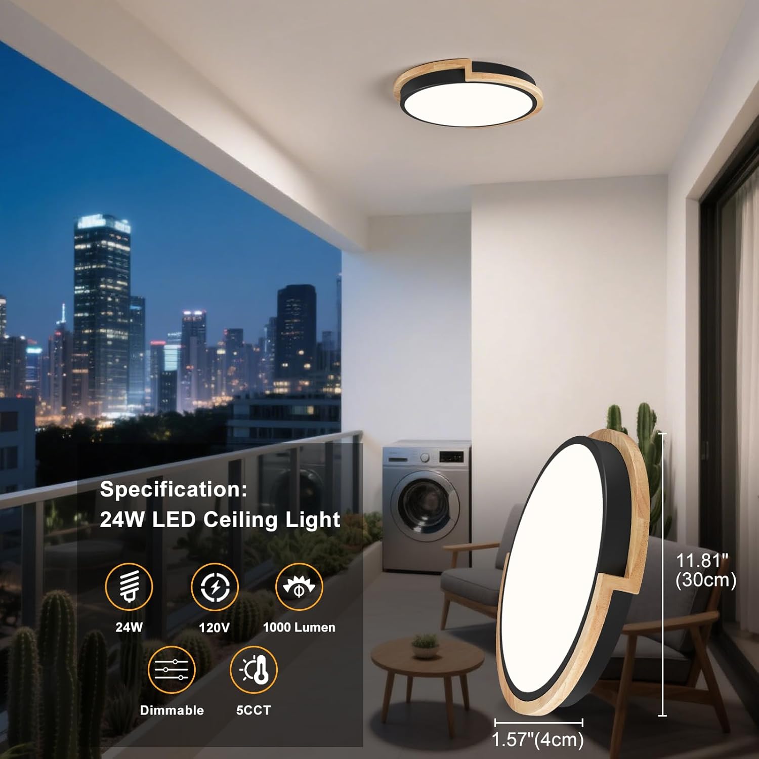 Modern Dimmable LED Flush Mount Ceiling Light Fixture,Round Close to Ceiling Lighting,Matte Black with Wood Accent,Minimalist Kitchen Light Fixtures for Bedroom,Entryway,Living Room,11.81in