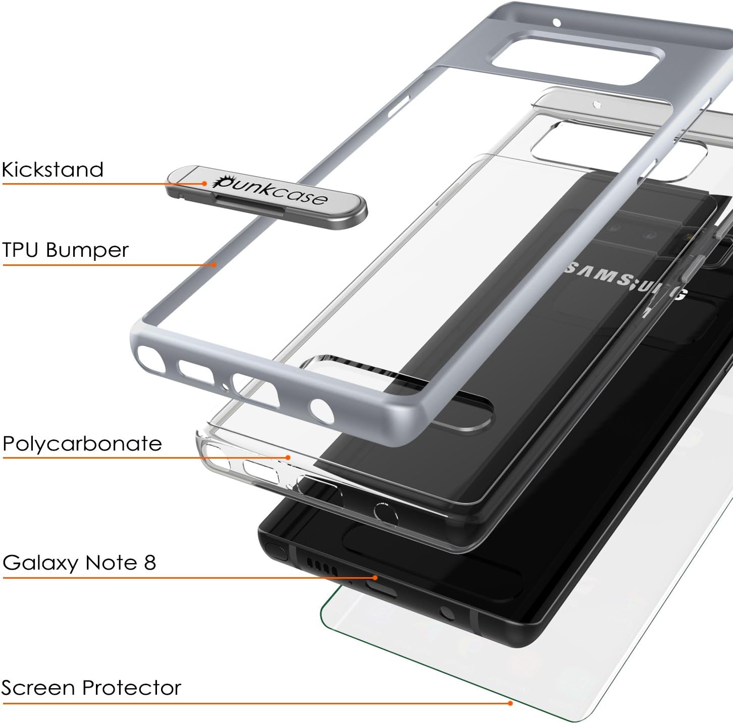 Galaxy Note 8 Case, PUNKcase [Lucid 3.0 Series] [Slim Fit] [Clear Back] Armor Cover w/Integrated Kickstand, Anti-Shock System & PUNKSHIELD Screen Protector for Samsung Galaxy Note 8 [Silver]
