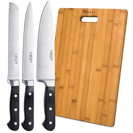 Cartini Bamboo Chopping Board Large + Chef Knife + Bread Knife + Carving Knife Professional,SS 420 and Bamboo,Black and Brown