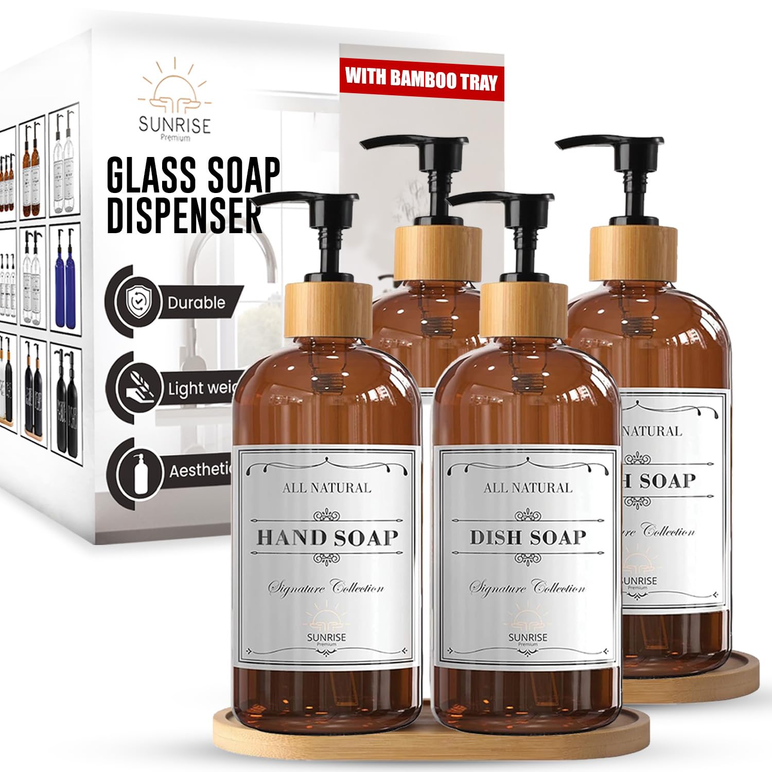 Sunrise Premium Amber Glass Soap Dispenser, Bamboo Pump with Tray, 4 Pack