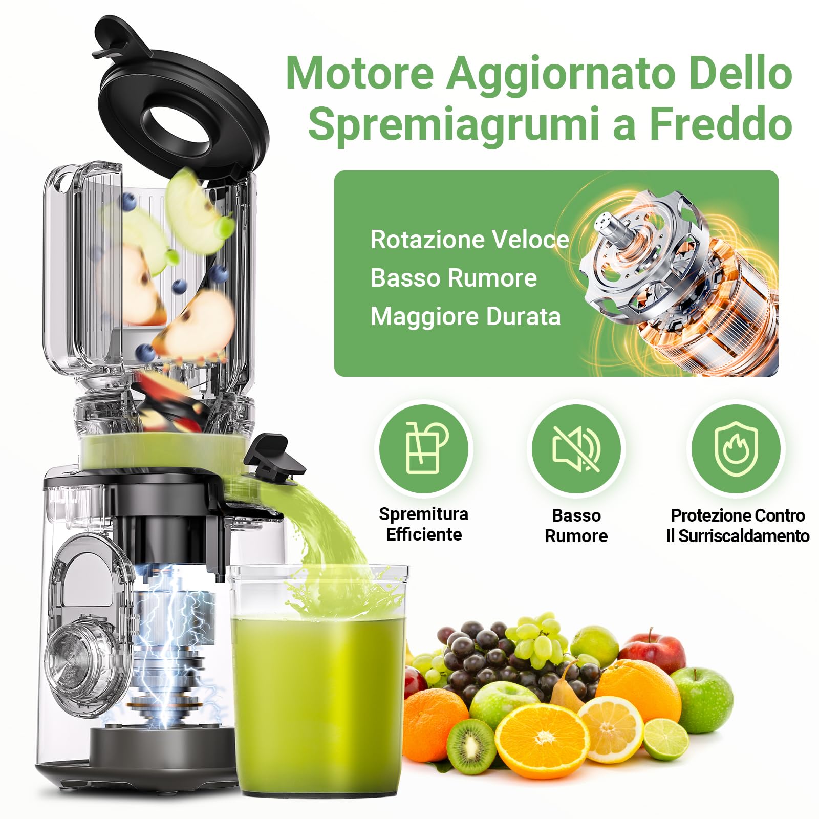 AAOBOSI Juicer Slow Estrattore Frutta e Verdura, 110mm Estrattore Di Succo, Elevata Resa di Succo, con Funzione di Inversione, Facile da Pulire, Senza BPA, Adatto per Frutta e Verdura