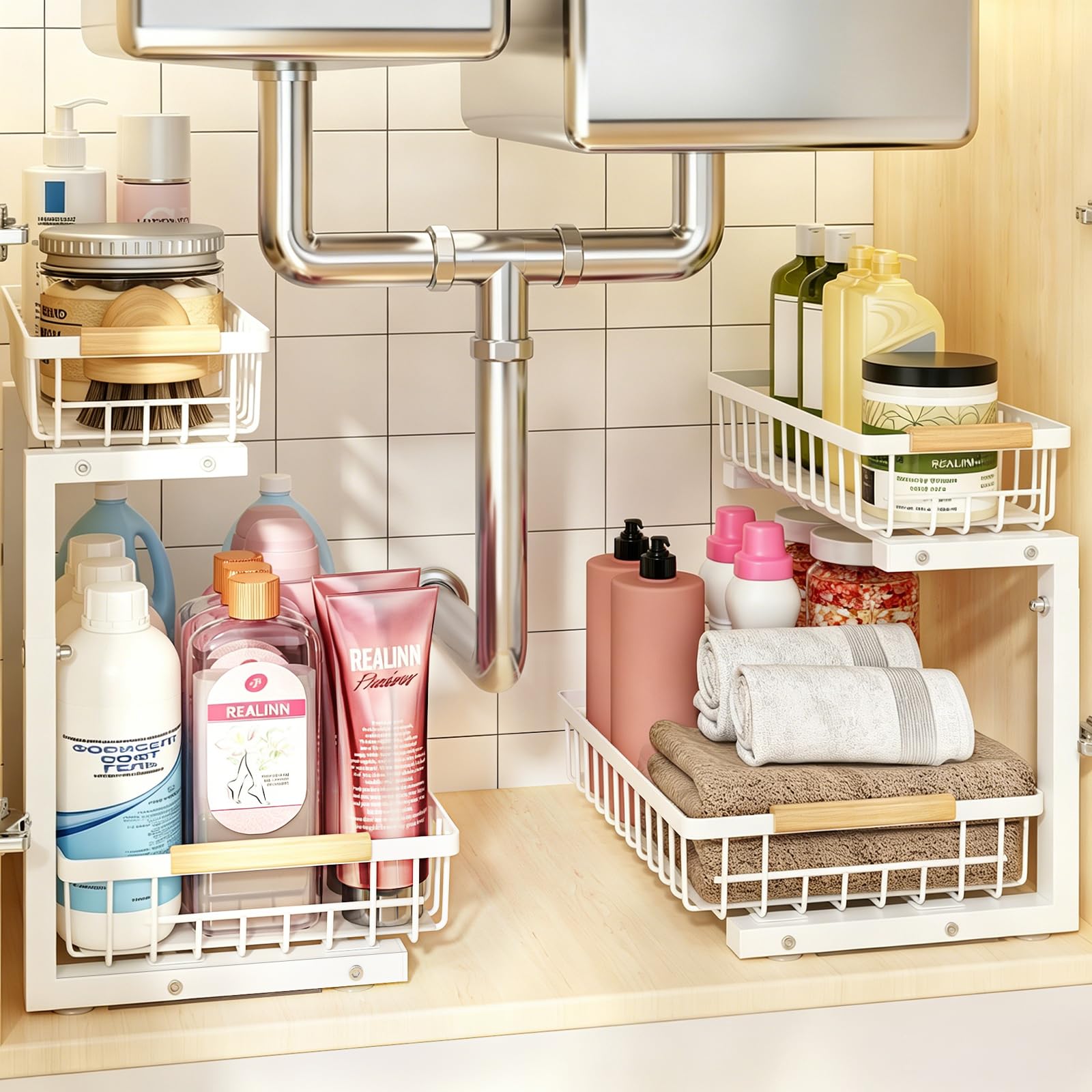 REALINN Under Sink Organizer, White 2 Pack Height Adjustable | 2 Tier Pull Out Drawer, Un…