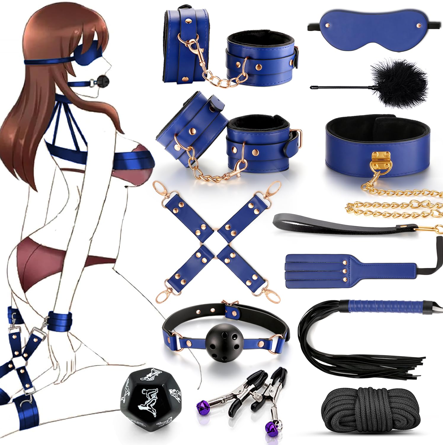 BDSM Adult Toys for Men Women and Couples. 12pcs Sex Restraints Bondage Set Adult Sex Toys kit with Adjustable Handcuffs Collar Ankle Cuff Blindfold Feather Tickler(Blue)