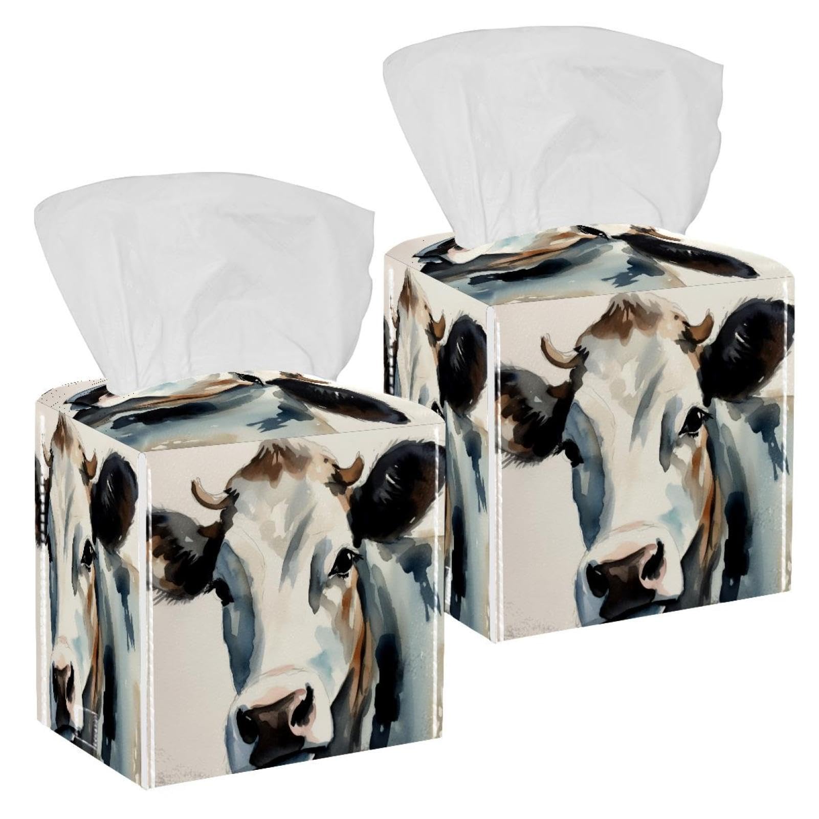 Aesthetic Cow Oil Painting Tissue Box Cover, 2 Pack PU Leather Square Facial Tissue Dispenser Box holder for Home Office Car