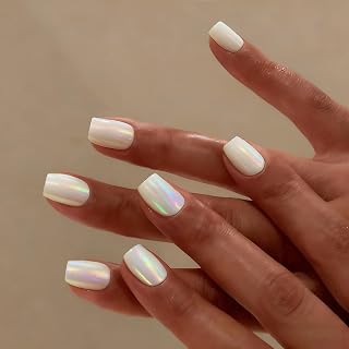 White Glazed Donut Press on Nails Short Square, Milky White Chrome Nails Press ons for Women, Aurora Glue on Nails Short Coffin, Reflective Mirror Shinny Acrylic Nails Light Weight & Fit Perfectly