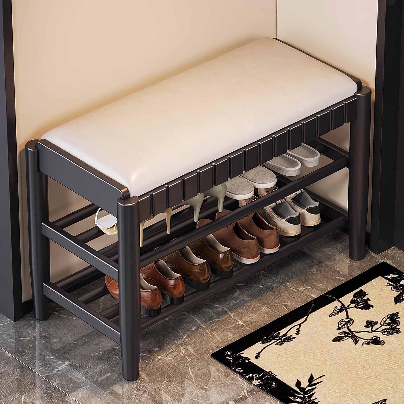 Banc à chaussures en bois massif avec assise rembourrée et coffre rabattable