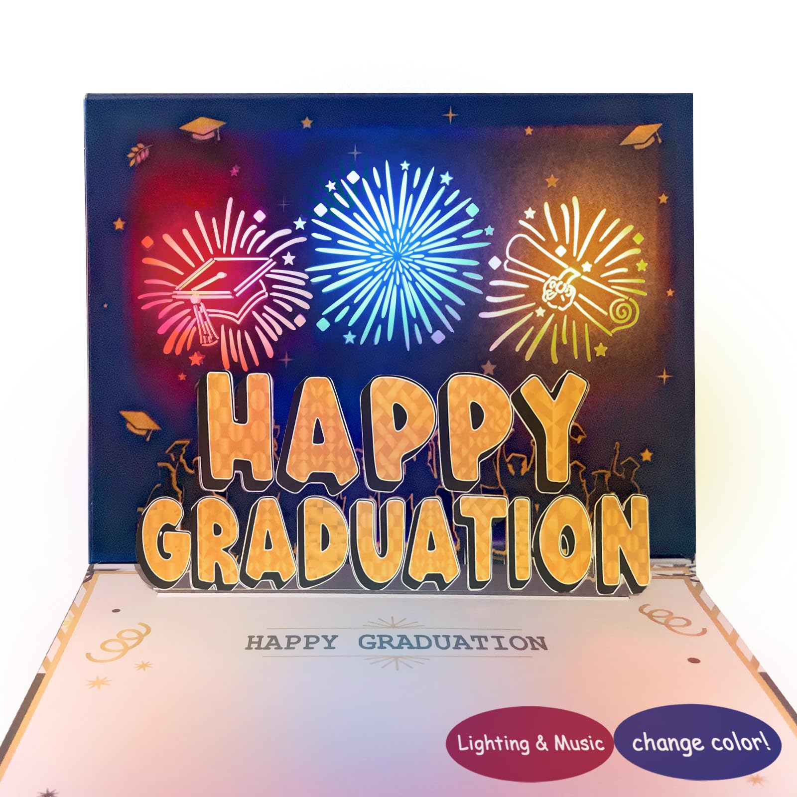 DTESL Graduation Fireworks 3D pop up Greeting Card, Congratulations personalized gift for high school, college, university master's, Press the button