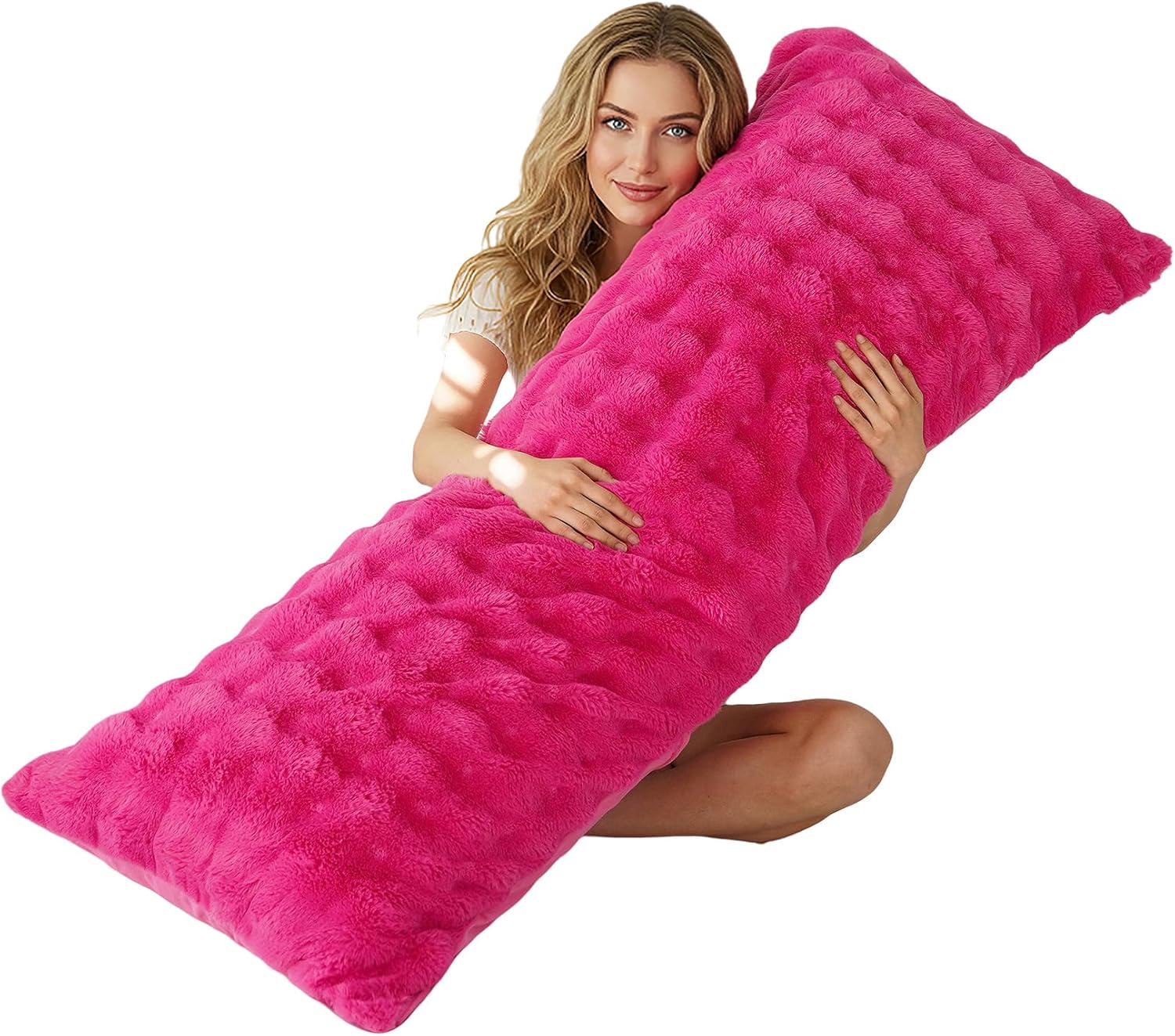 Full Body Pillow with Fluffy Bubble Waffle Carved Faux Fur Removable Cover, Long Bed Pillow Adult 20x54 Inches for Side Sleeper and Pregnancy, Hot Pink.