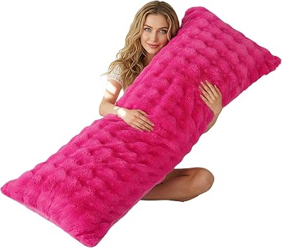 Full Body Pillow with Fluffy Bubble Waffle Carved Faux Fur Removable Cover, Long Bed Pillow Adult 20x54 Inches for Side Sleeper and Pregnancy, Hot Pink.