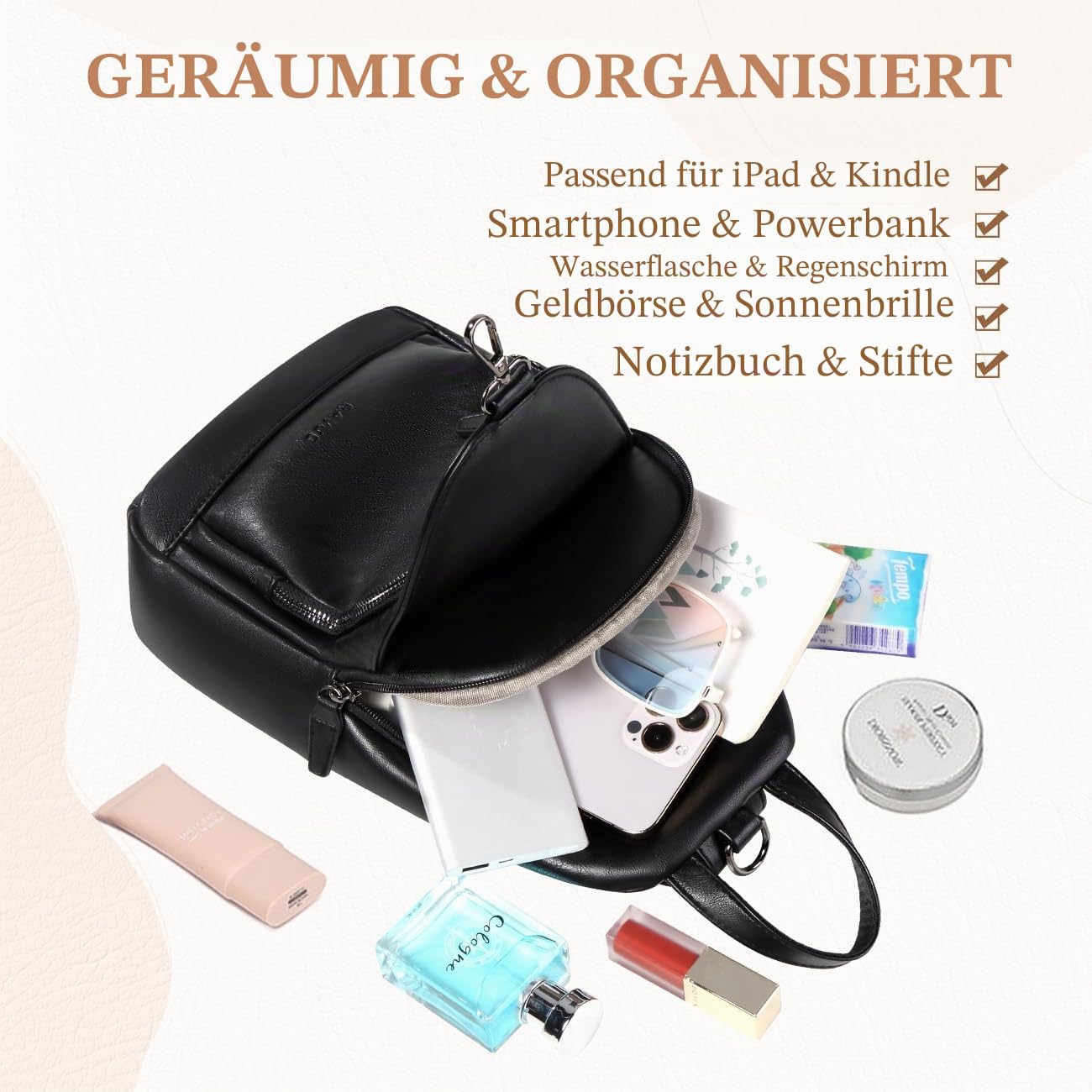 RAVUO Sling Bag Damen, PU Leder Brusttasche Rucksack Klein Frauen Brust Rucksack Kleine Umhängetasche Crossbody Bag für Outdoorsport, Reisen,Schwarz