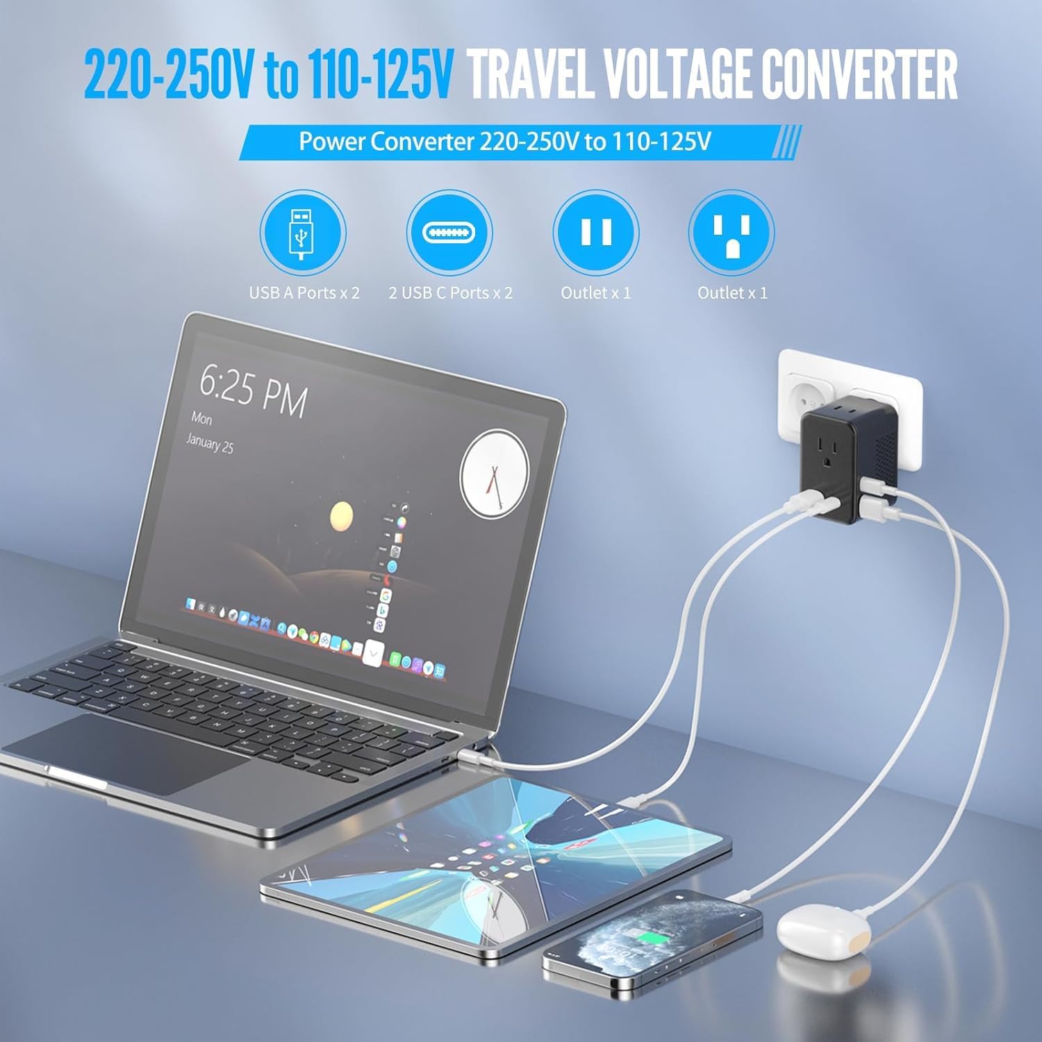 220V to 110V Voltage Converter US to Europe, Travel Adapter Plug Converter for European with 20W PD & 2USB-A & 2USB-C, European Power Converter Combo USA to Spain Italy France, Black