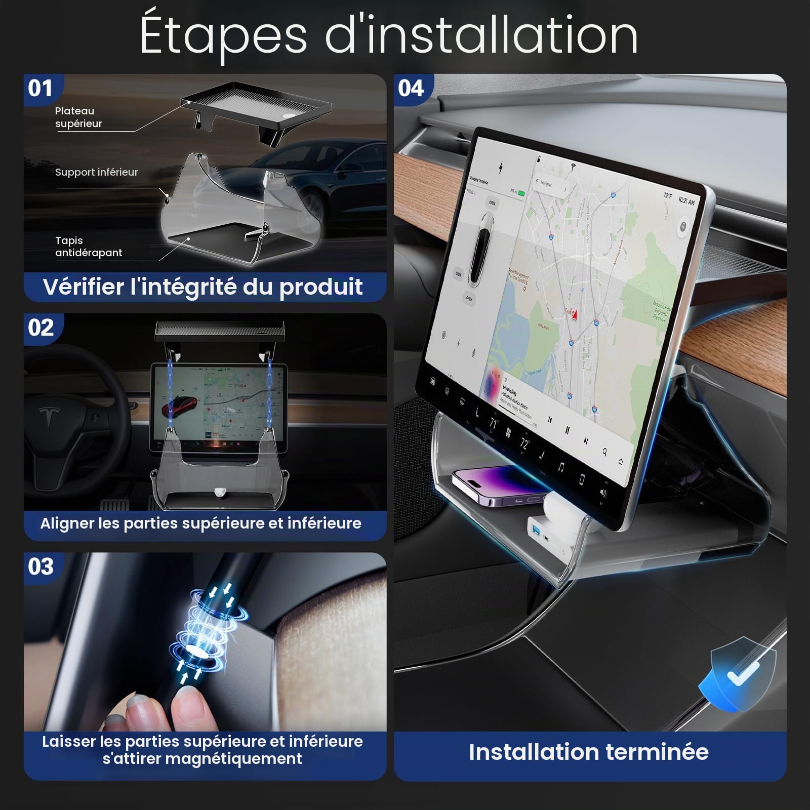 Tesla Model Y Model3 Plateau de rangement magnétique derrière l'écran accessoires Tesla Model Y 2024-2021 noir