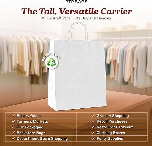 Miniatura 54 de PTP BAGS Bolsas Jr. Mart blancas de 13 x 7 x 13 pulgadas, bolsas de papel blanco con asas [paquete de 250] para regalo de papel kraft reciclable