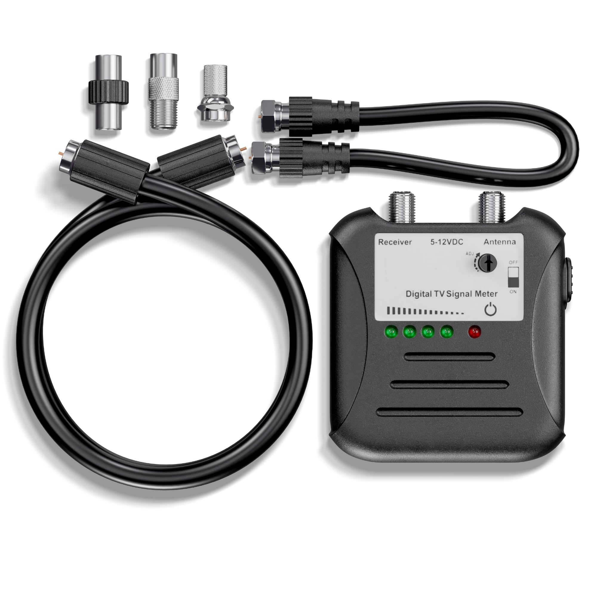 THE CIMPLE CO Signal Strength Meter, LED Indicators, for RV's and Over-The-Air Antennas, Sensitivity Adjuster, TV Antenna Finder, with Coax, Black