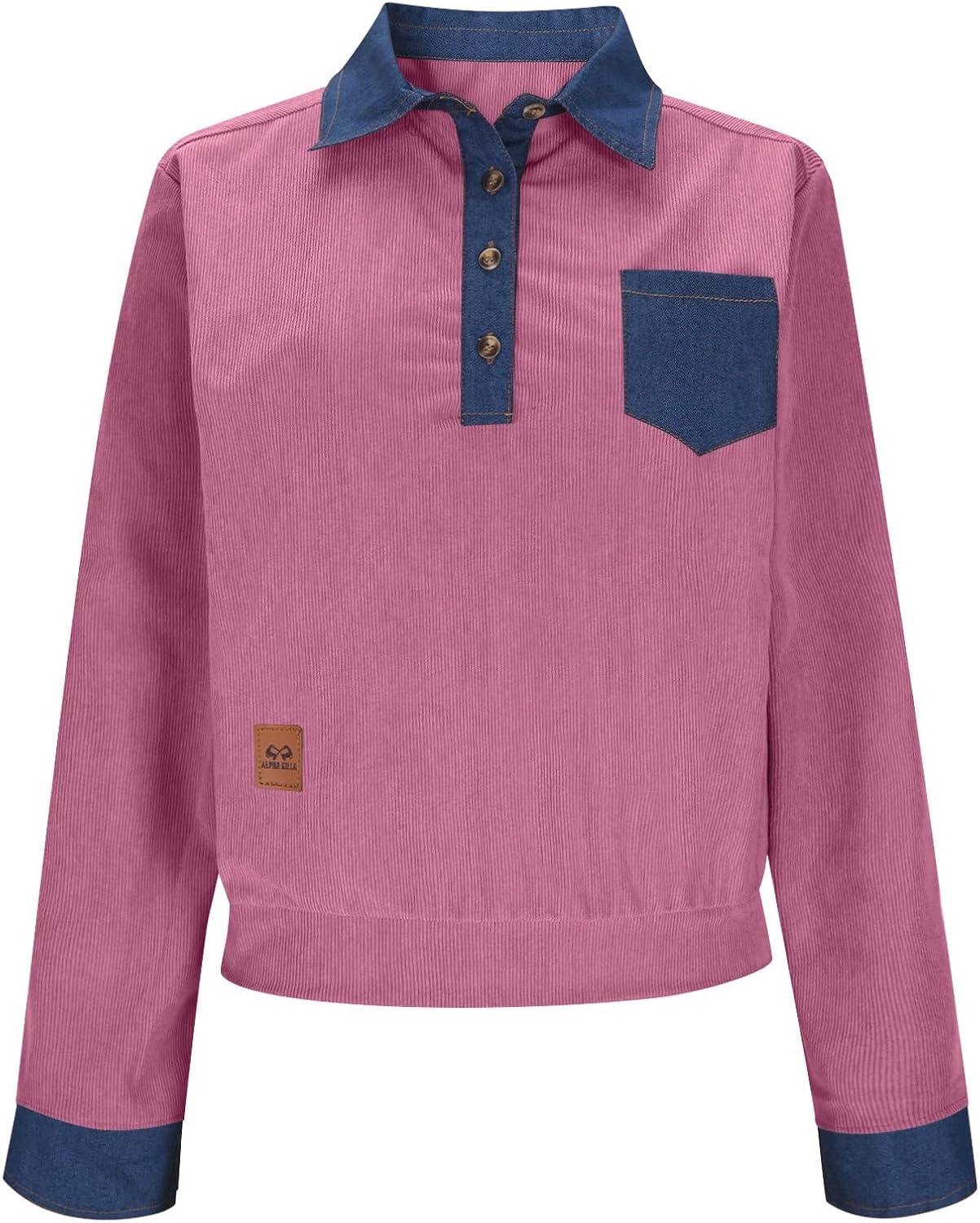 JOAU Women's Long Sleeve Denim Patchwork Lapel Shirts Dressy Casual V Neck Button Down Business Blouse Work Pocket Tunic Top