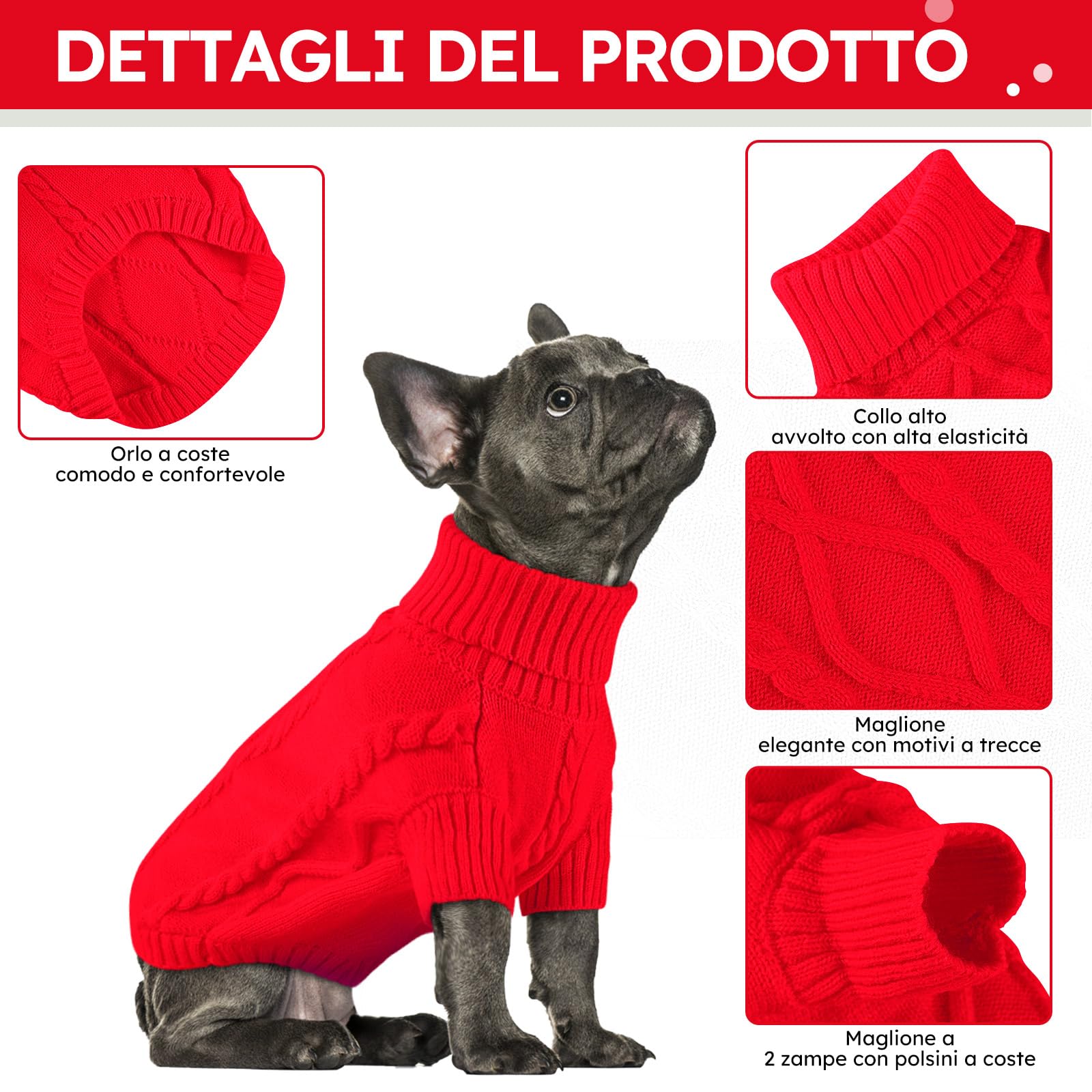 Queenmore Maglione Cane Natale Taglia Piccola Maglioncino Cane Bassotto Caldo Felpa Cane A Collo Alto Ritorto Vestito Natale Cane Maglione Elastico Per Bulldog Francese Barboncino Chihuahua, Rosso, XS