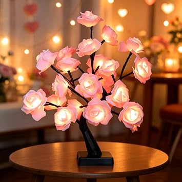 24 LED Pink Rose Tree Light, Artificial Bonsai Flower Table Lamp, USB Battery Powered Romantic Night Light for Bedroom Living Room Party Wedding, Valentines Day Mothers Day for Her