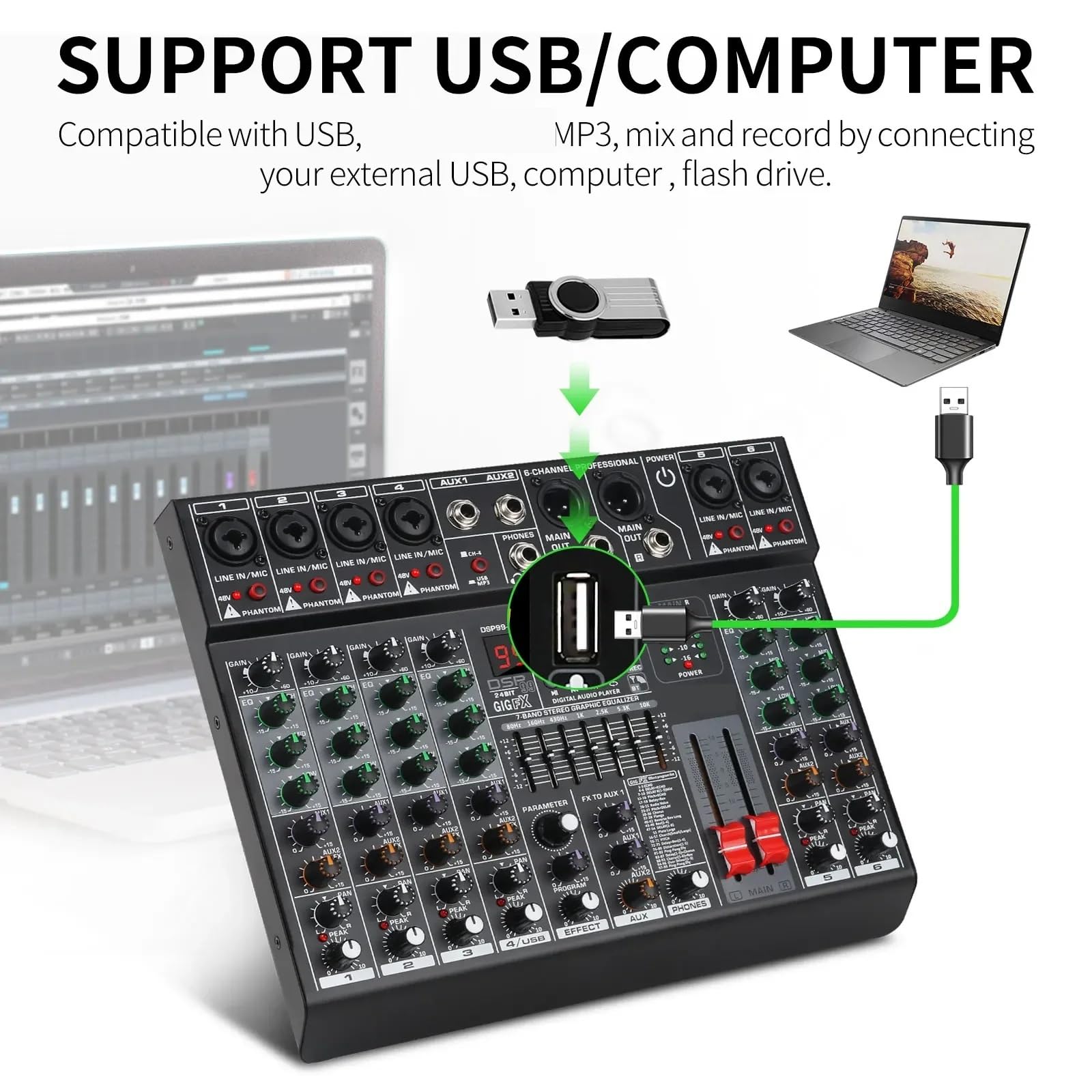 Kontroler DJ-ski, Profesjonalny mikser dźwięku 6/8 kanałów 48 V Phantom Power 2 AUX konsola miksująca 99 efektów cyfrowych(8 channel)
