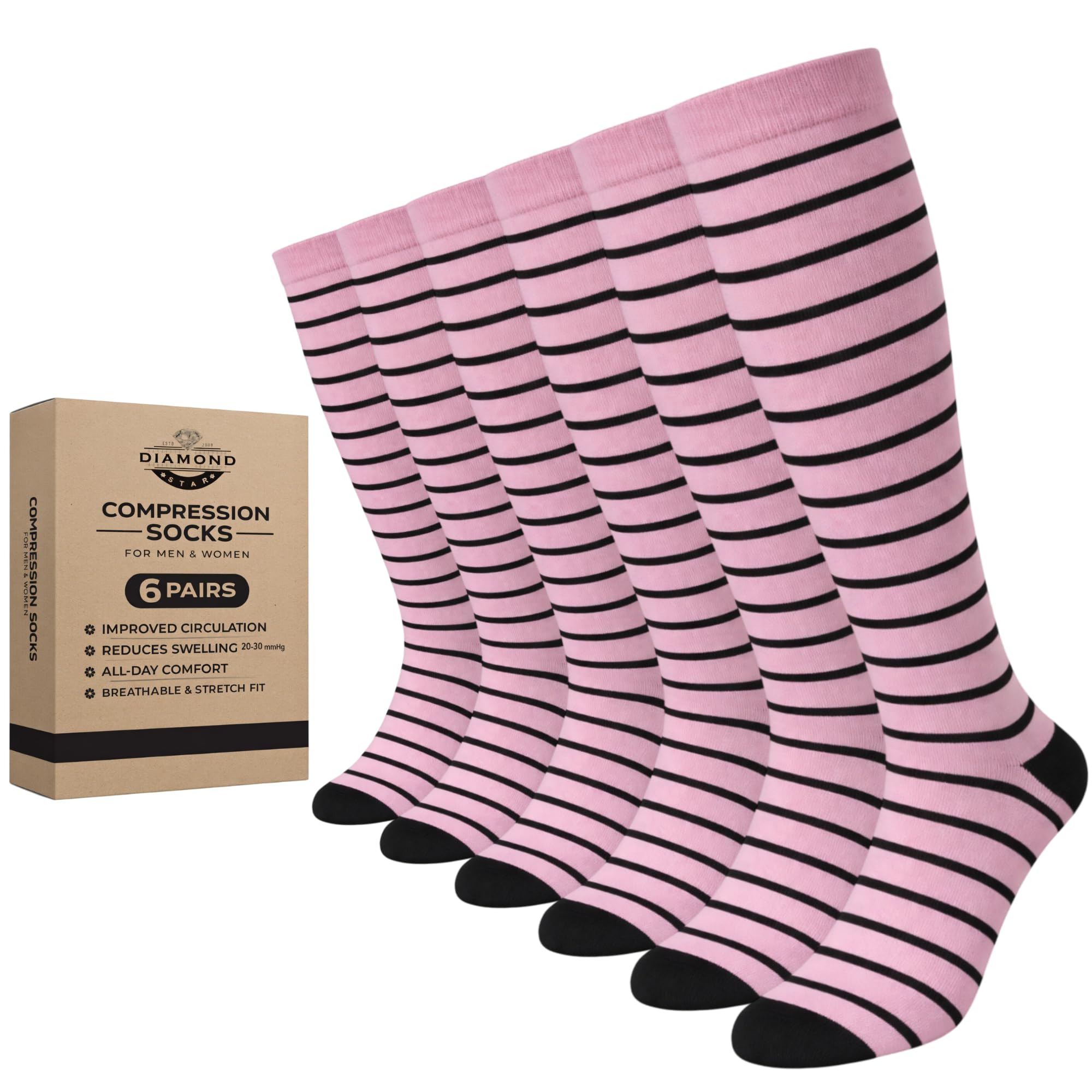 Diamond Star 6 Pairs Compression Socks for Men &amp; Women, Knee High Socks