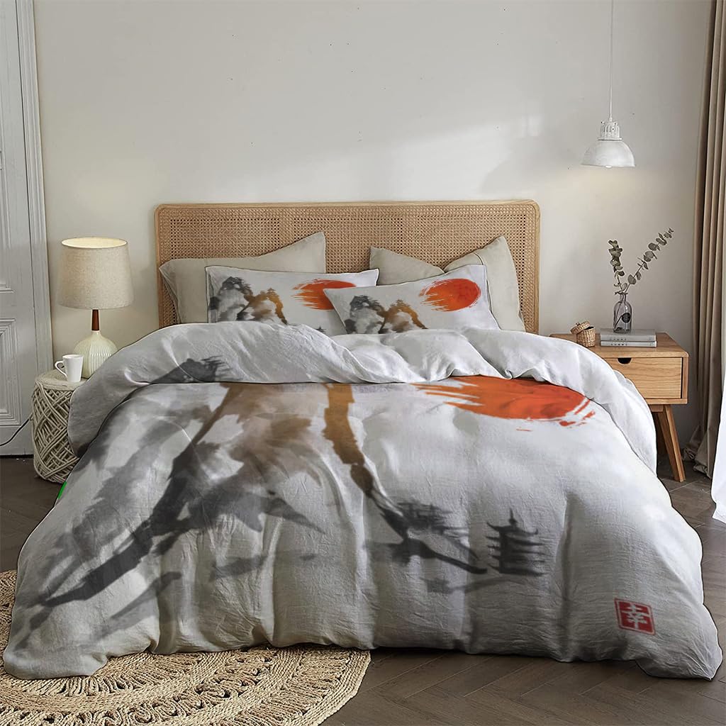 NIBAINLO 布団カバー赤い太陽の高い山々と2つの仏塔のある風景 肌に優しい ピーチスキン加工 掛け布団カバー 和式 洋式 あったか 布団カバーセット リバーシブル ホームステイ ホテル 家庭兼用