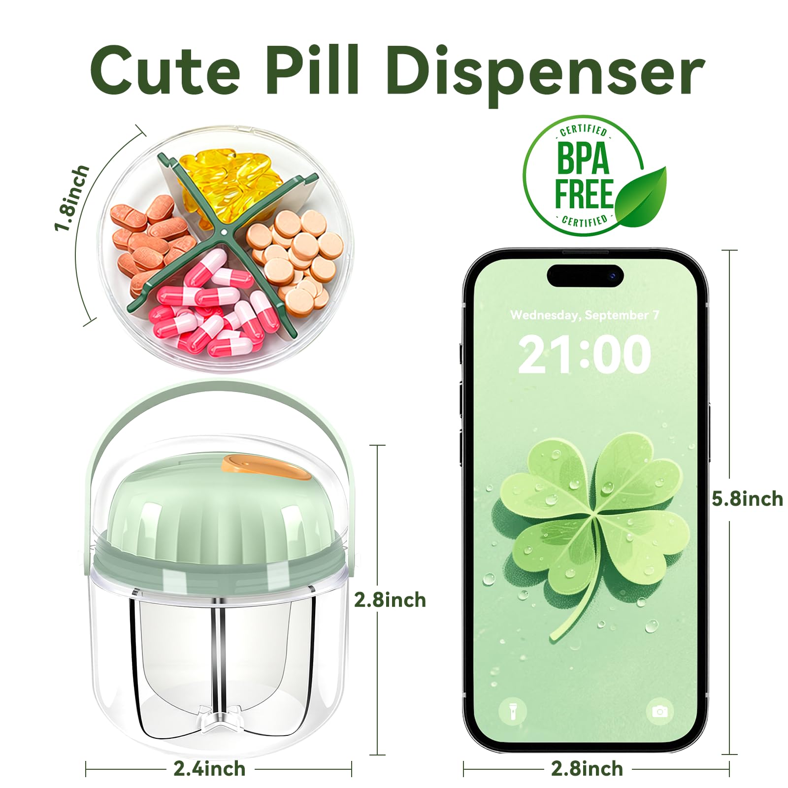 Pilulier hebdomadaire pour 7 jours de voyage sans BPA, résistant à l'humidité, conteneur portable pour vitamines, huiles de poisson, compléments (vert)