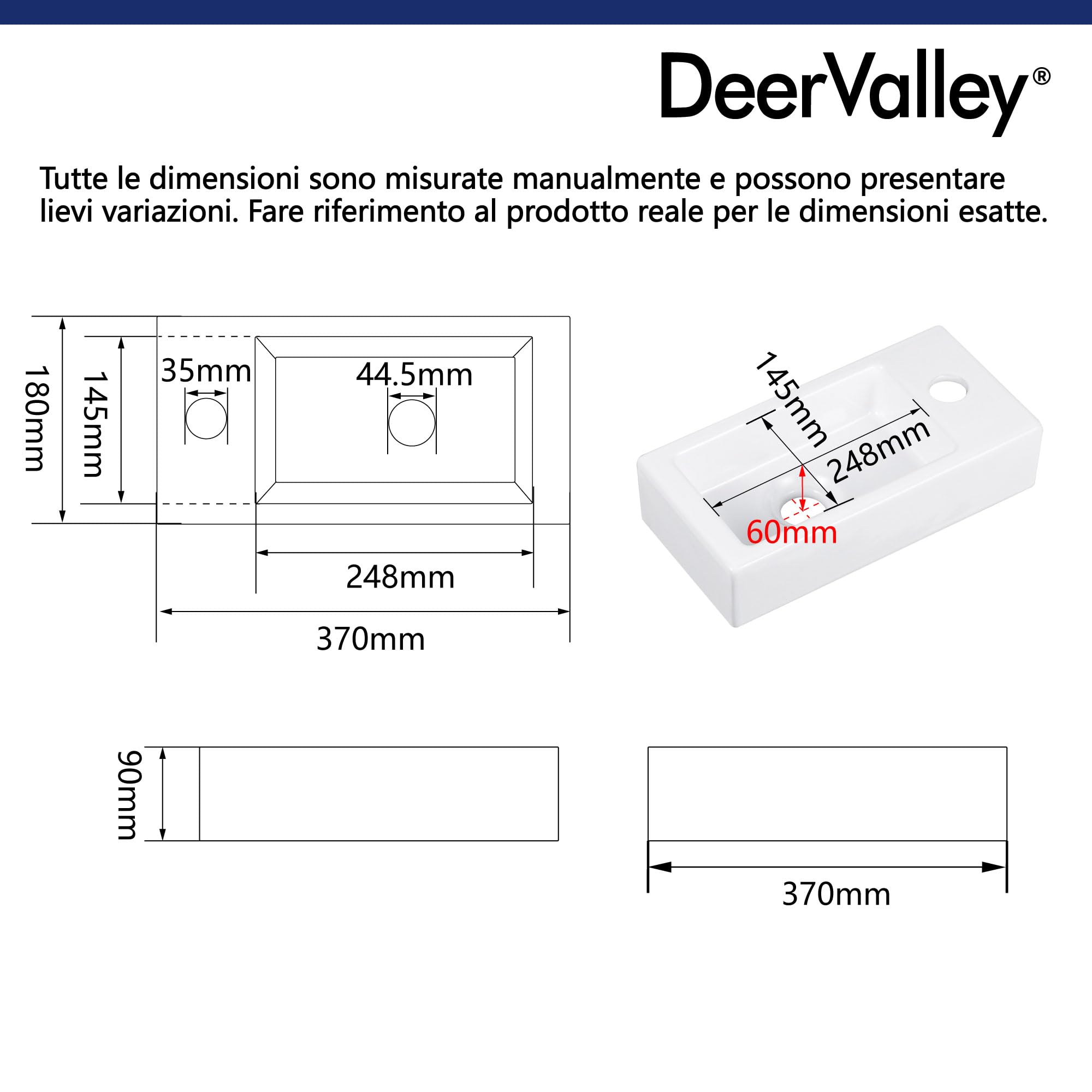 DeerValley - Piccolo lavabo da bagno rettangolare, 38 x 17,8 cm, montaggio a parete, per bagno, toilette, sospeso, design salva-spazio, facile da pulire, in ceramica nera opaca