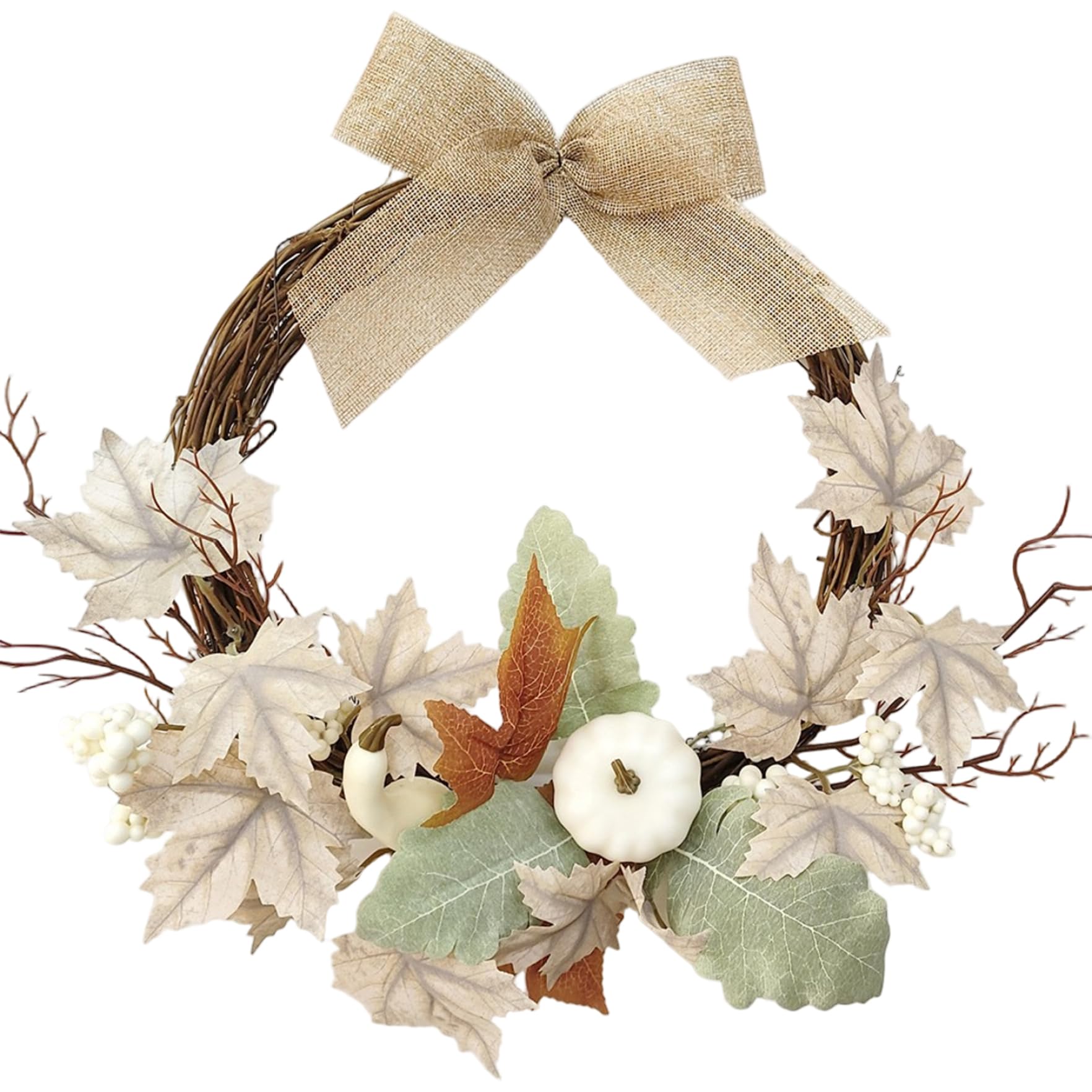 CAKEEYUM Fall Wreath for Front Door, 15.7 Inch Autumn Maple Leaf Harvest Thanksgiving Wreath with Pumpkins & Burlap Bow for Christmas Thanksgiving Wall Decor Fall, Wreaths for Front Door, Th